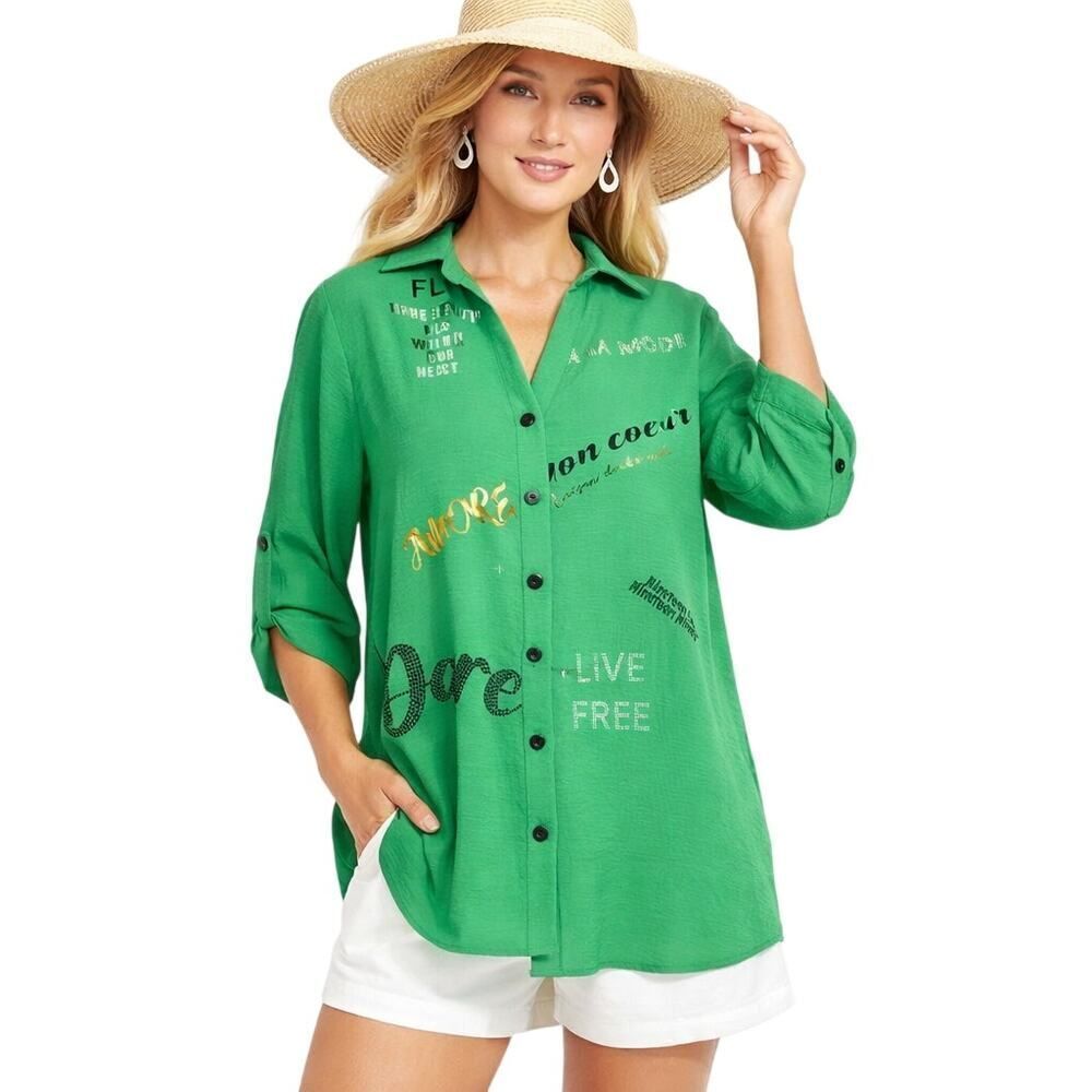 FRANK LYMAN Women's Graphic Oversized Button Down Tunic Blouse Green Size Small